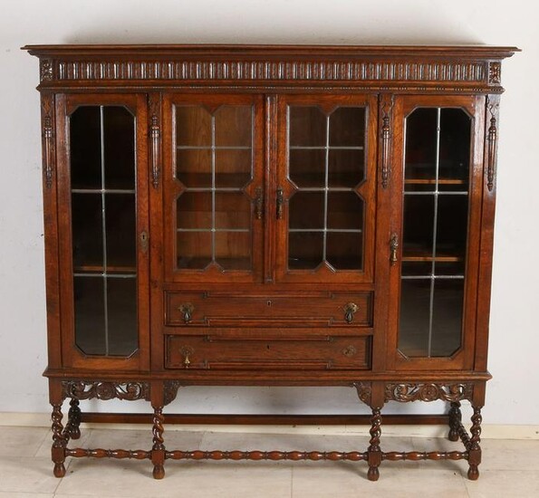 Antique English oak display cabinet with four stained
