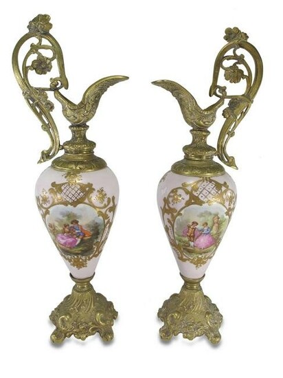Antique pair of bronze & porcelain urns