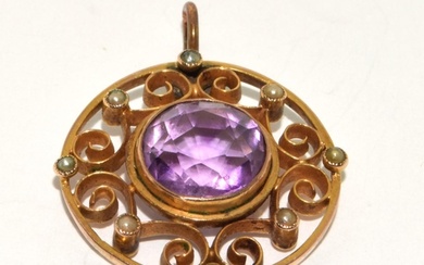 Antique tested 9ct gold Amethyst and seed pearl lavaliere pe...
