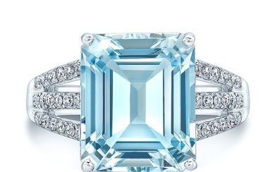 Aqua And Diamond Emerald-cut Open Shank Ring In 18k White Gold (11x9mm)