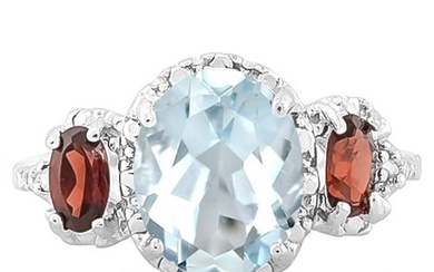 Aquamarine, Garnet, & Diamond Ring in Sterling Silver