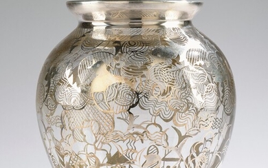 An Art Deco vase with silver overlay: houses, landscapes and birds, c. 1920