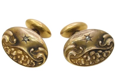 Art Nouveau Men's Cufflinks Diamonds 10K Yellow Gold