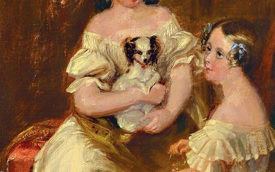 Attribution: Daniel Maclise, 1806-1870, two girls with dog, oil/wood, approx....