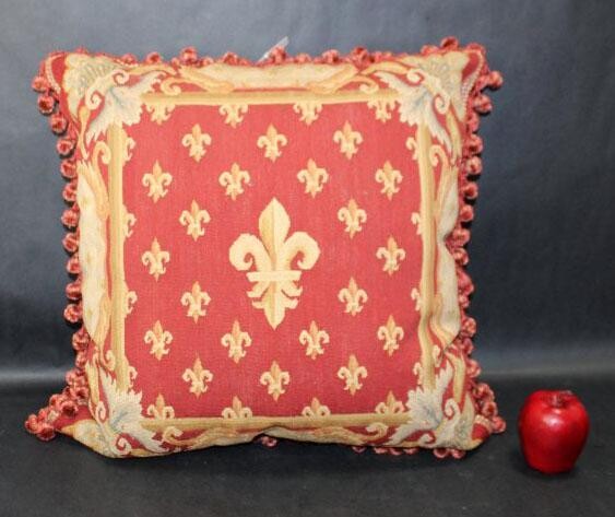 Aubusson tapestry pillow with fleur de lys