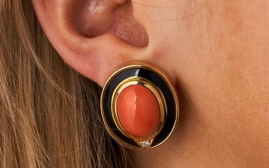BULGARI, A PAIR OF CORAL, DIAMOND AND ENAMEL CLIP EARRINGS each set with an oval cabochon coral and