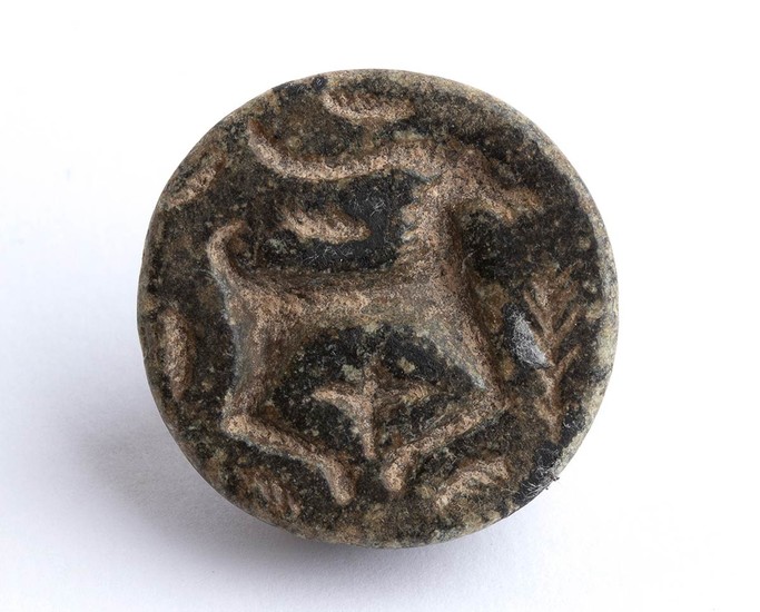 Bactrian Stone Button Seal with Ibex in the Bushes;...