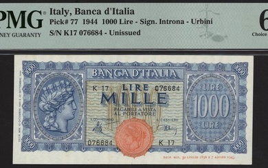 Banca d´Italia, Italy, unissued 1000 Lire, 10th December 1944, serial number K17 076684, (Pick...