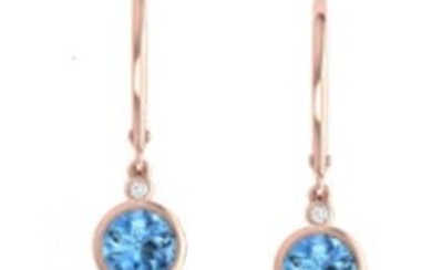 Blue Topaz Round Bezel Dangle Earrings With Diamond Illusion Teardrop Accented Leverbacks In 14k
