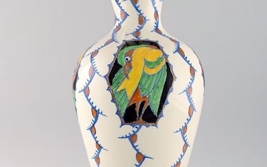 Boch Freres Keramis, Belgium. Large art deco vase in glazed ceramics with hand-painted birds. 1920s