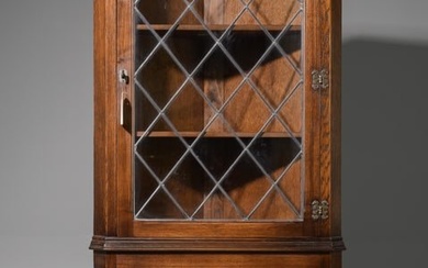 British Carved Oak Corner Cabinet With Leaded Glass
