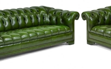 British Green Leather Chesterfield Sofa & Club Chair
