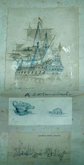 British School, early 19th century- Ships off the coast; watercolour and bodycolour heightened with white on paper, 12.6 x 17 cm: British School, 19th century- Boats at sea; pencil, watercolour, and bodycolour on paper, signed with initials lower...