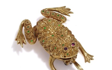 Brooch Victorian 18kt yellow gold frog with demantoid garnets and cabochon rubies