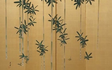 Byobu, Folding screen - Silk, Wood - Bamboo - Yukimatsu Shunpo 幸松春浦(1897-1962) - Elegant 4-panel screen with a bamboo and a white-eye bird design, signed by a price winning artist. - Japan - Taishō period (1912-1926)
