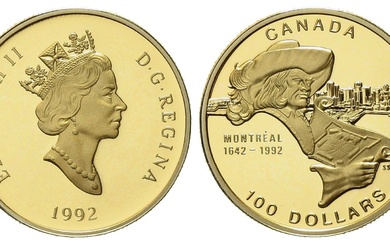 CANADA. 100 dollars 1992. Montréal 1642-1992. Au. titre 583 (13,34 g). 1/4 d'once d'or pur...