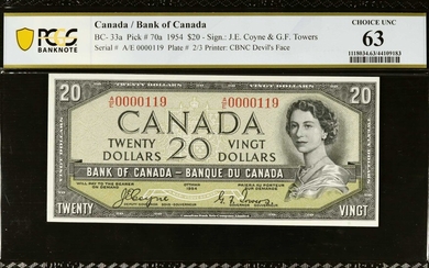 CANADA. Banque du Canada. 20 Dollars, 1954. BC-33a. PCGS Banknote Choice Uncirculated 63.