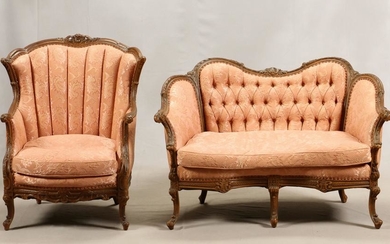 CARVED WOOD, DAMASK UPHOLSTERED, LOVESEAT & CHAIR
