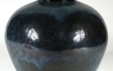 CHINESE CERAMIC GLAZED JAR BLUE/BLACK H 11" DIA 12"