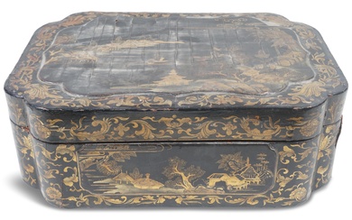 CHINESE EXPORT BLACK AND GOLD LACQUER SEWING BOX, FIRST HALF 19TH CENTURY Width: 15 in. (38.1 cm.)