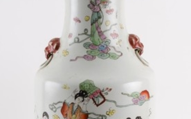 CHINESE POLYCHROME PORCELAIN VASE In baluster form, with lion's-head mock ring handles at shoulders and heavenly maiden decoration o..