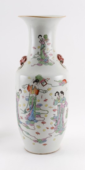 CHINESE POLYCHROME PORCELAIN VASE In baluster form, with lion's-head mock ring handles at shoulders and heavenly maiden decoration o..