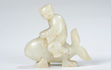 CHINESE WHITE JADE BOY ON FISH, QING DYNASTY