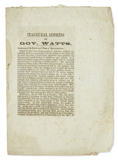 (CIVIL WAR--CONFEDERATE.) Watts, Thomas H. Inaugural Address of Gov. Watts. 16 pages. 8vo,...
