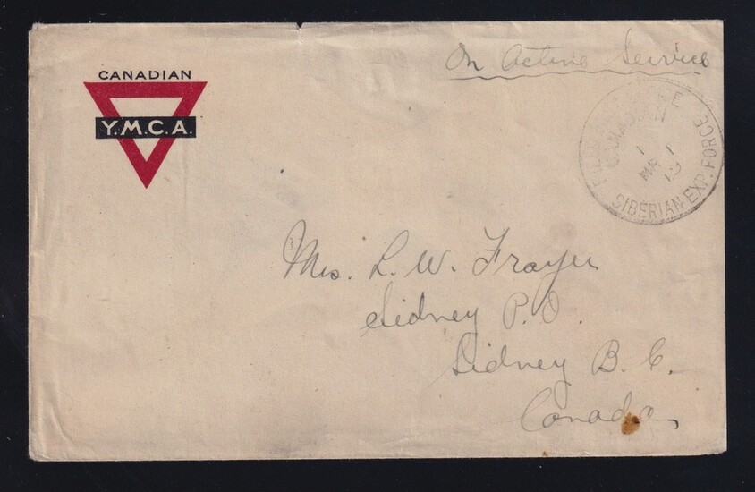 Canada 1919 Siberian Expeditionary Force Active Service Cover, YMCA stationery cover, postmarke...