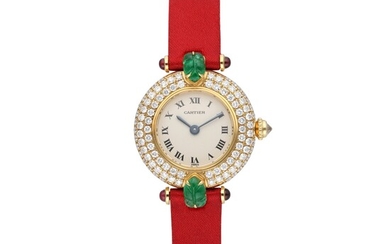 Cartier Reference 1989 1 Colisee | A yellow gold diamond bezel with emerald lug bracelet wristwatch, Circa 2000