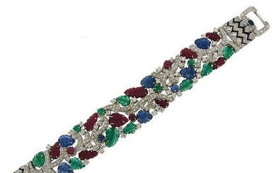 Carved Ruby Sapphire Emerald Diamond White Gold