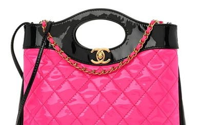 Chanel Patent Calfskin Quilted Mini 31 Shopping Bag Pink Black