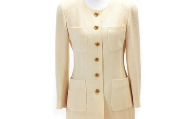 Chanel White Wool BouclÃˆ Jacket and Skirt.