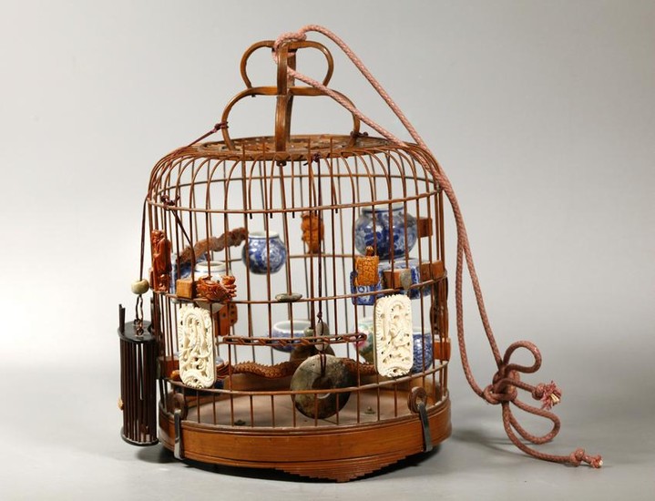 Chinese Early 20 C Bamboo Bird Cage & Feeders