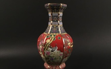 Chinese Famille Hexagon 'Red-crowned Crane' Vase