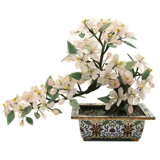 Chinese Rose Quartz Bonsai Tree in CloisonnÃˆ Vase