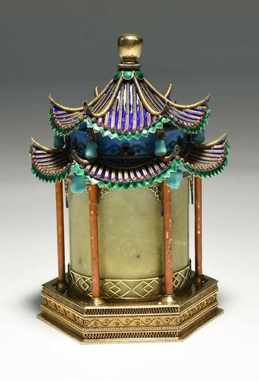 Chinese Silver Vermeil and Jade Pagoda Box