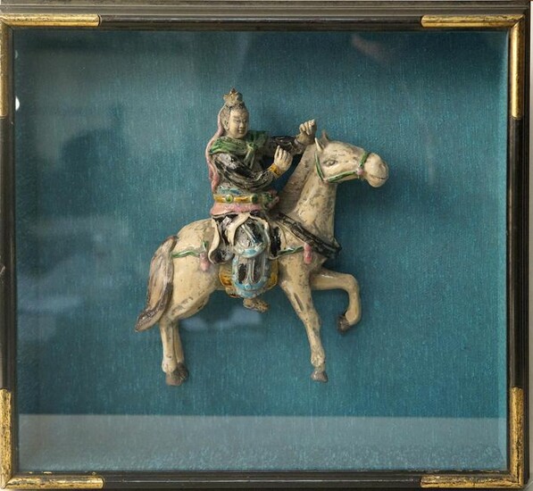 Antique Chinese Terra Cota horse rider in shadow box