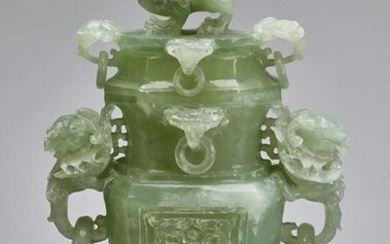 Chinese carved celadon jade covered urn, 14"h