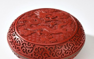Chinese carved cinnabar dragon box, 6"dia