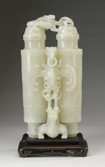 Chinese white jade double vase with cover, 15"h