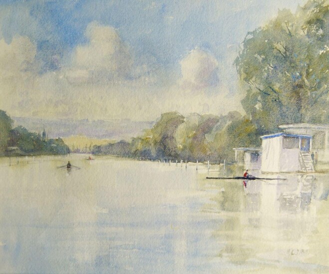 Christine Pybus, British, late 20th/early 21st century- First boats out, Henley, 2009; watercolour, signed lower right, bears inscribed label to the reverse, 34 x 41 cm (ARR)