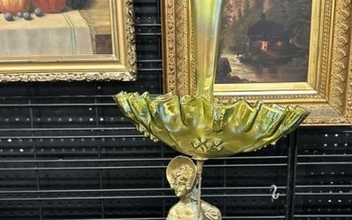Circa 1900 epergne with figural woman holding an umbrella, made of white metal or spelter. From