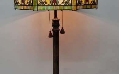 Signed Handel Circa 1920's Leaded Glass floor lamp with quality cast metal base H 66"