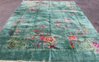 Circa 1930 Chinese Wool Hand Made Rug Green w/ Floral