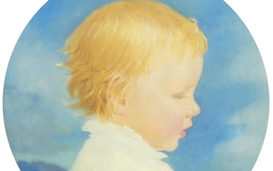 Circle of Alfred Kingsley Lawrence, RA, British 1893-1975- Head of a child in profile, a landscape behind; oil on canvas, tondo, diameter 35.5 cm. Note: This charming and intimately painted portrait is reminiscent of those by Alfred Kingsley...
