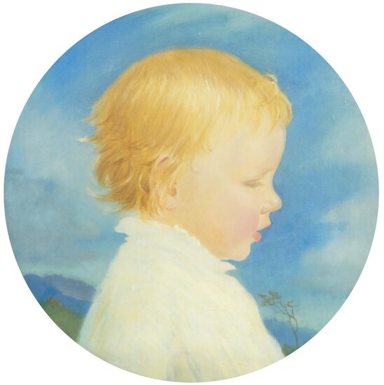 Circle of Alfred Kingsley Lawrence, RA, British 1893-1975- Head of a child in profile, a landscape behind; oil on canvas, tondo, diameter 35.5 cm. Note: This charming and intimately painted portrait is reminiscent of those by Alfred Kingsley...