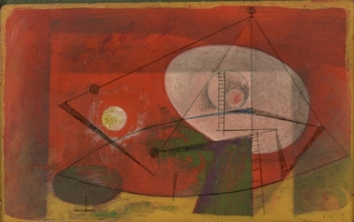 Clarke Hutton, British 1898-1984 - Untitled abstract (red), 1981; oil on panel in the artist’s own frame, signed with initials and dated lower right 'CH 81', 9.5 x 15.9 cm (ARR) Provenance: the Estate of the Artist Note: Clarke Hutton began his...