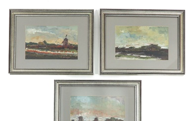 Collection de 3 peintures attribuées à Claude Monet Paysages hollandais, 35 x 22 cm.