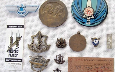 Collection of 14 Israeli military items: badges, medal, paper and others